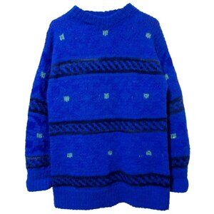 M/L Vtg 90s Blue Striped Long Fit Oversized Boho Handmade Chunky Knit Sweater